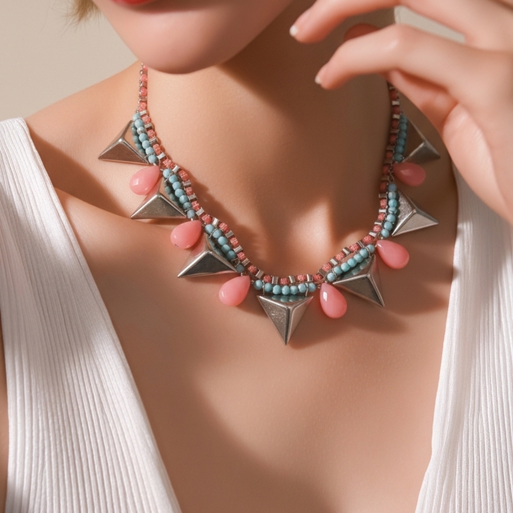 Source Unknown Silver And Pink Statement Necklace - image 1